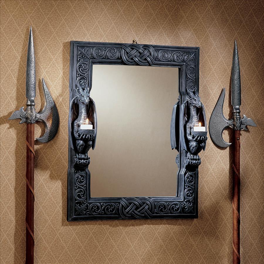 Wall Mirror - Twin Sentinel Dragons Rectangle Medieval Era 23H x 19.5W - Museumize.com