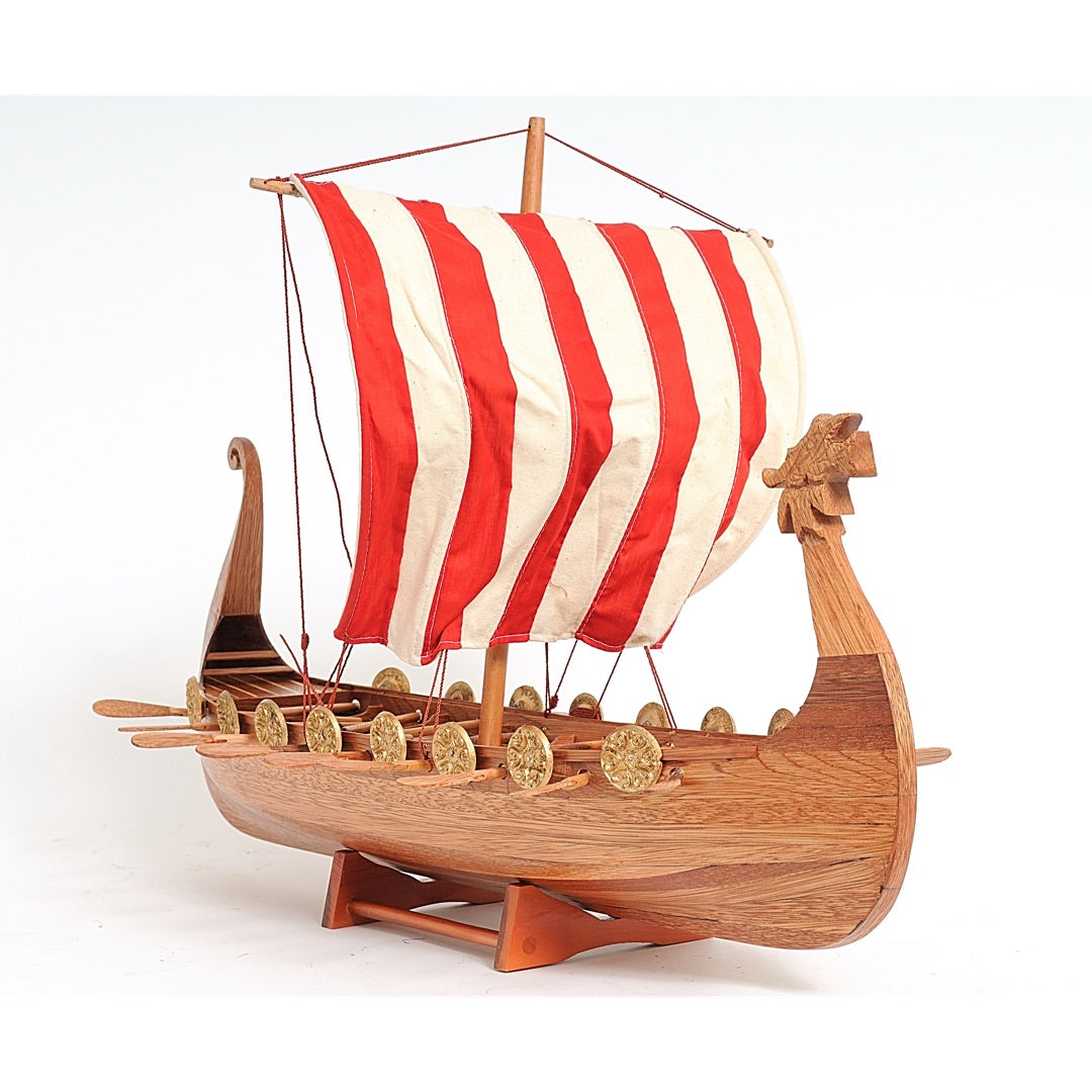 Viking Drakkar Longship Model Boat Wood Red White Sail 20H x 25L