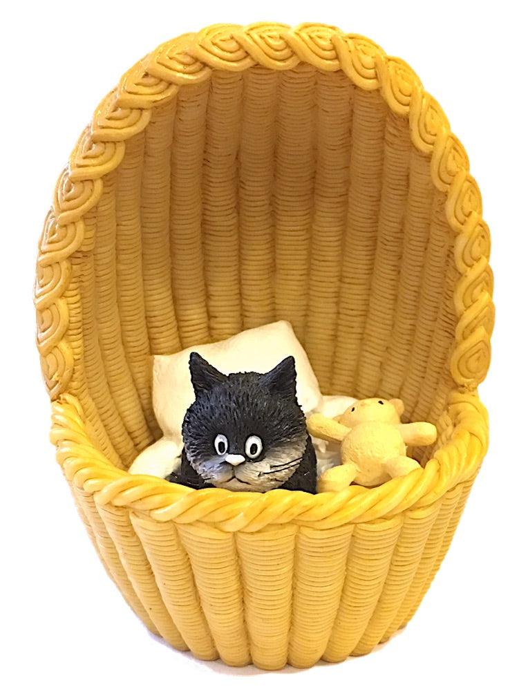 Kitten Sleeping with Teddy Bear in Basket Cozy Nest Figurine by Dubout 3.75H - Museumize.com