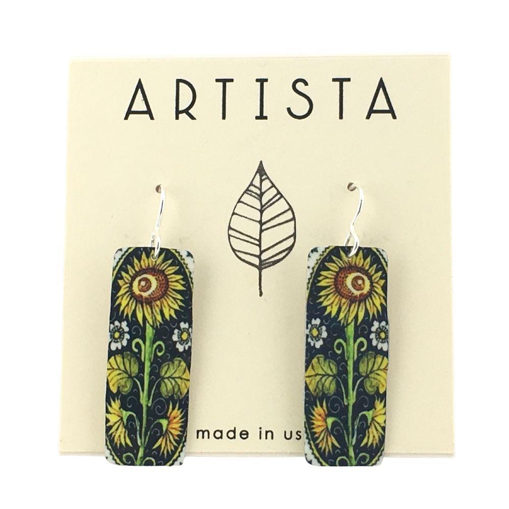 Sunflowers In Bloom Yellow Flowers Rectangle Handmade Aluminum Artisan Earrings 1.75L - Museumize.com