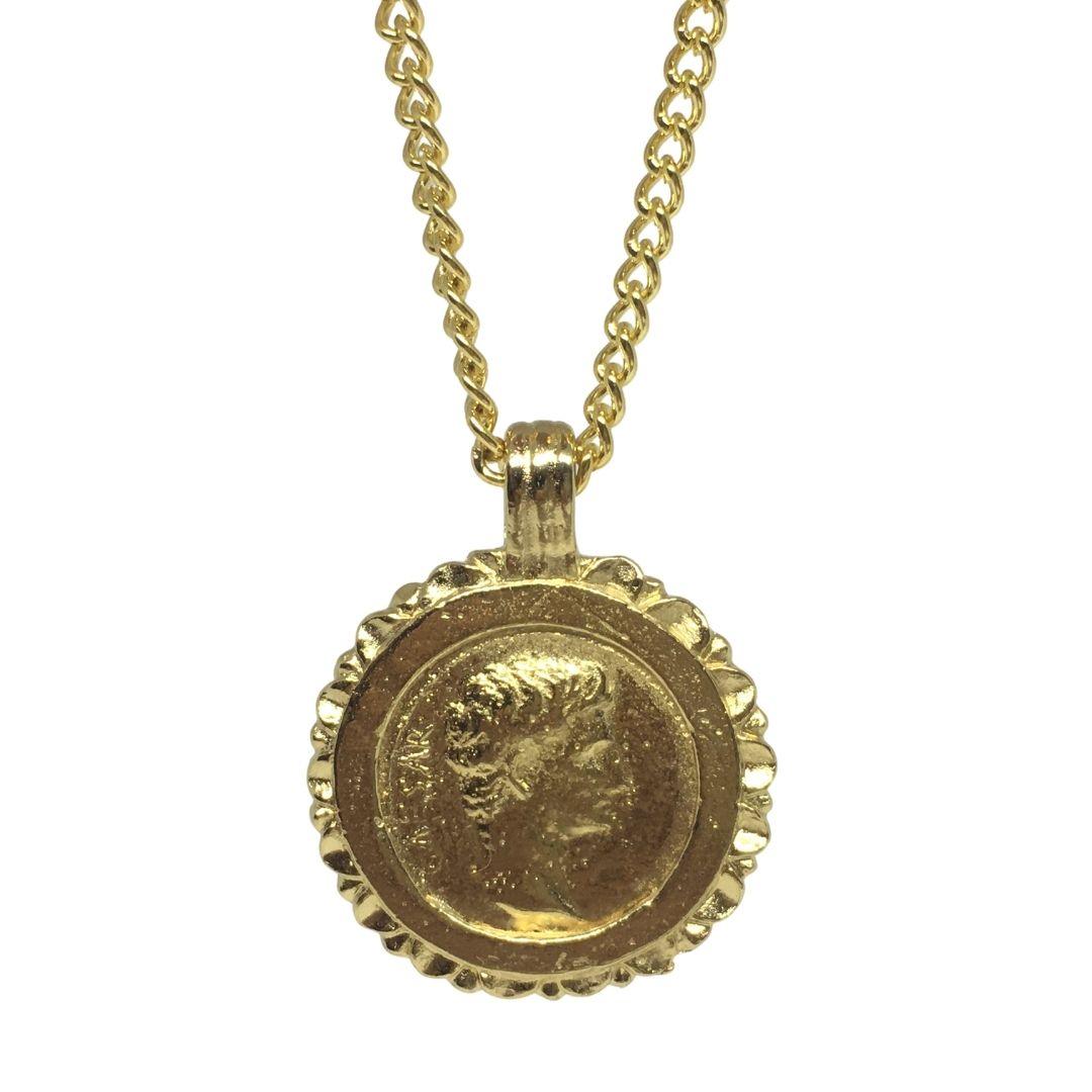 Caesar Roman Emperor Portrait Historical Costume Coin Gold Plate Necklace 20L - Museumize.com