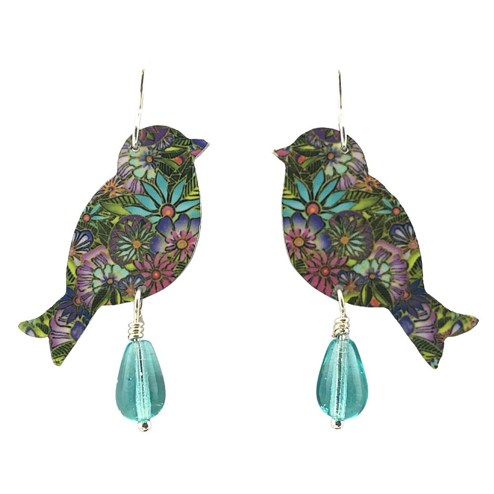 Cha Cha Bird Blue Purple with Teardrop Bead Handmade Artisan Earrings 1.9L