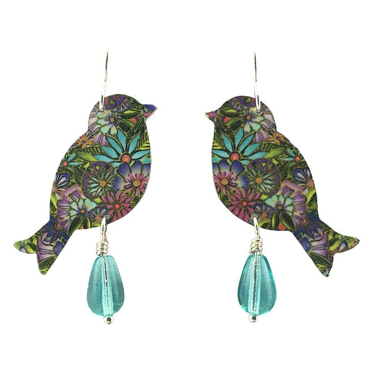 Cha Cha Bird Blue Purple with Teardrop Bead Handmade Artisan Earrings 1.9L