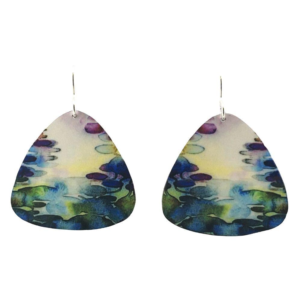 Monet Water Lilies Pond Blue Triangle Handmade Aluminum Artisan Earrings 1.58L - Museumize.com