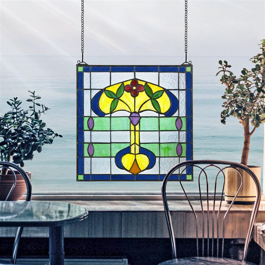 Horta Blue Yellow Tiffany Style Square Stained Glass Window 17H x 17W - Museumize.com