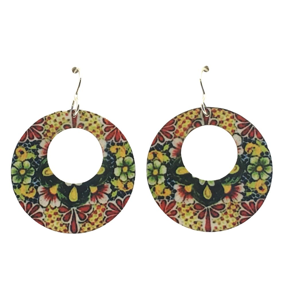 Drop Earrings Mexican Tile Round Multicolor Dangle Handmade Aluminum 1.75L