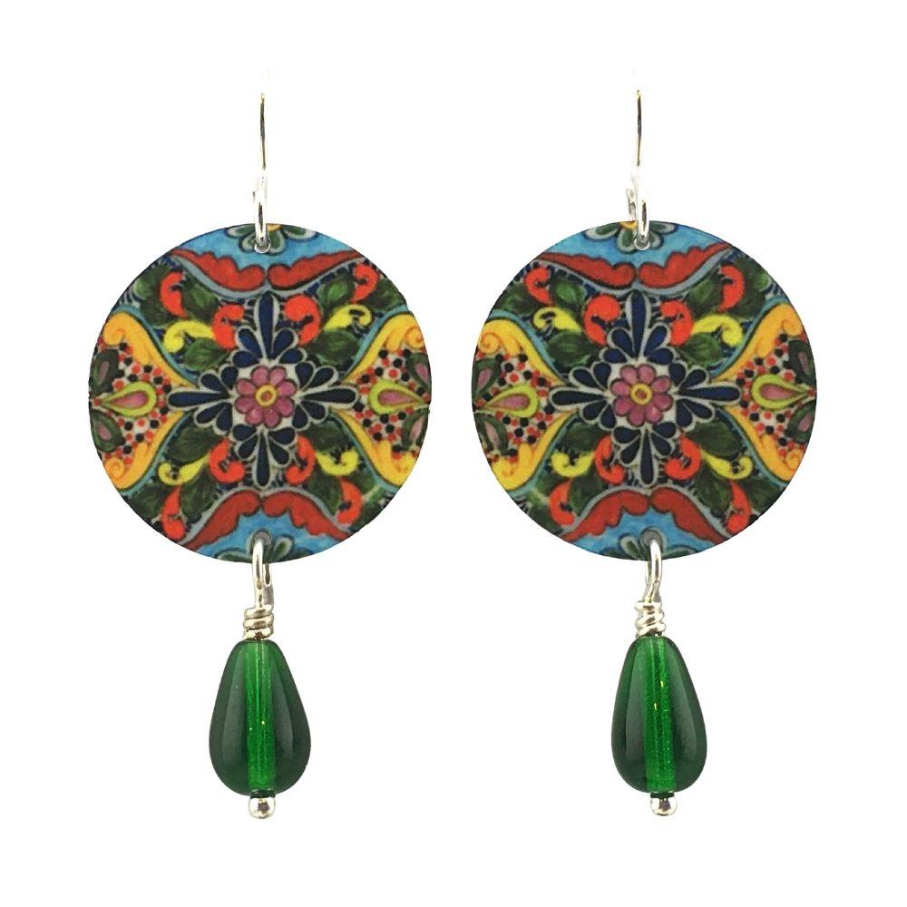 Drop Earrings with Mexican Tile Design Round Metal Handmade Artisan Earrings 1.9L - Museumize.com