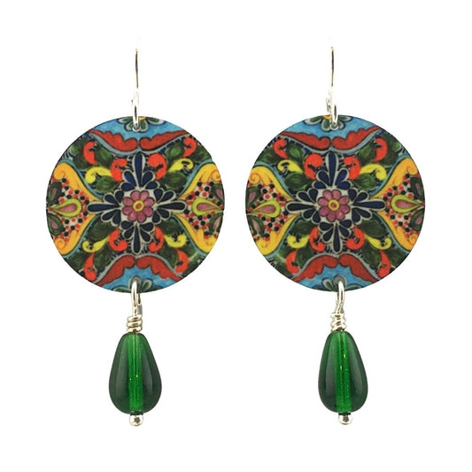 Drop Earrings with Mexican Tile Design Round Metal Handmade Artisan Earrings 1.9L