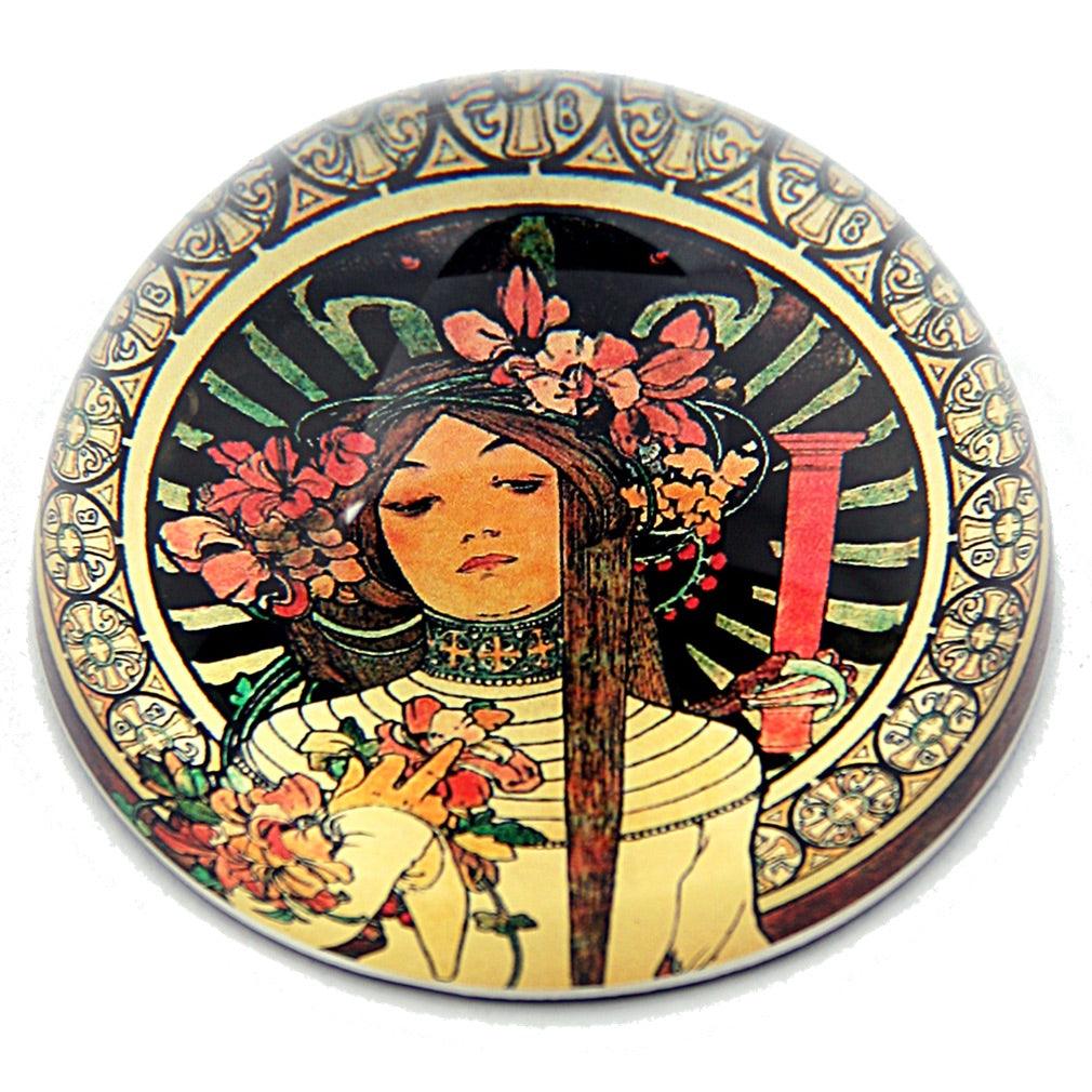 Mucha Woman with Floral Headpiece Belle Epoque La Trappistine Glass Paperweight by Mucha 3W - Museumize.com