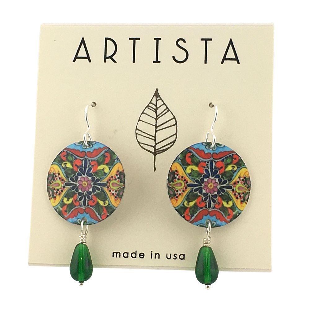 Drop Earrings with Mexican Tile Design Round Metal Handmade Artisan Earrings 1.9L - Museumize.com