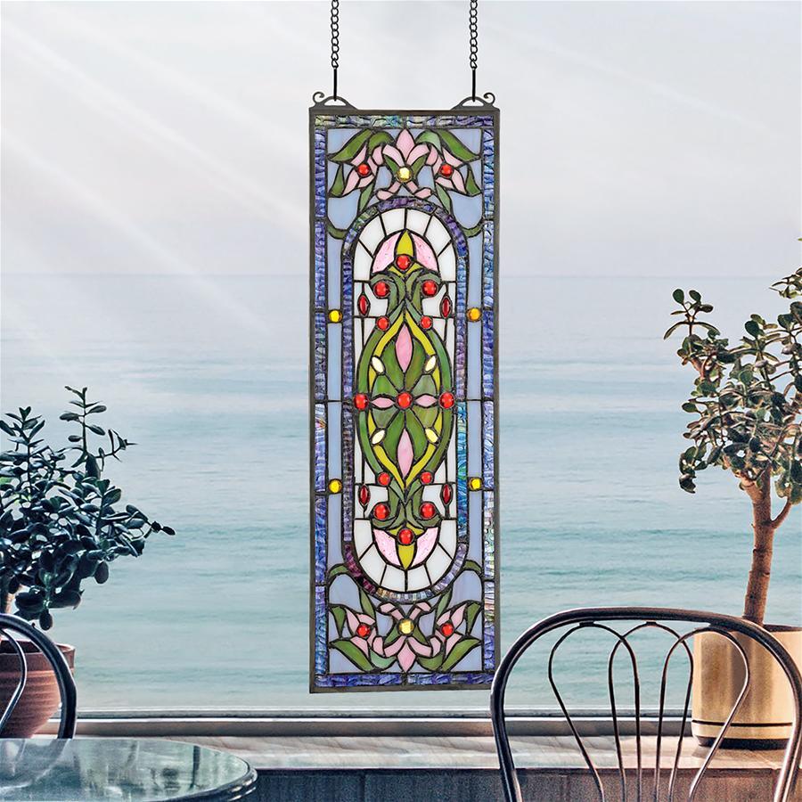 Palais Royal Blue Green Beaux Arts Rectangle Stained Glass Window 21.5H x 7W - Museumize.com