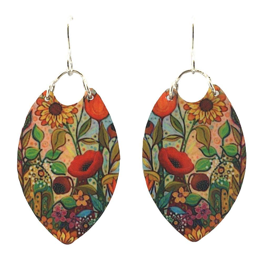 Wildflowers Tapered Oval Orange Red Green Handmade Aluminum Artisan Earrings 1.75L - Museumize.com