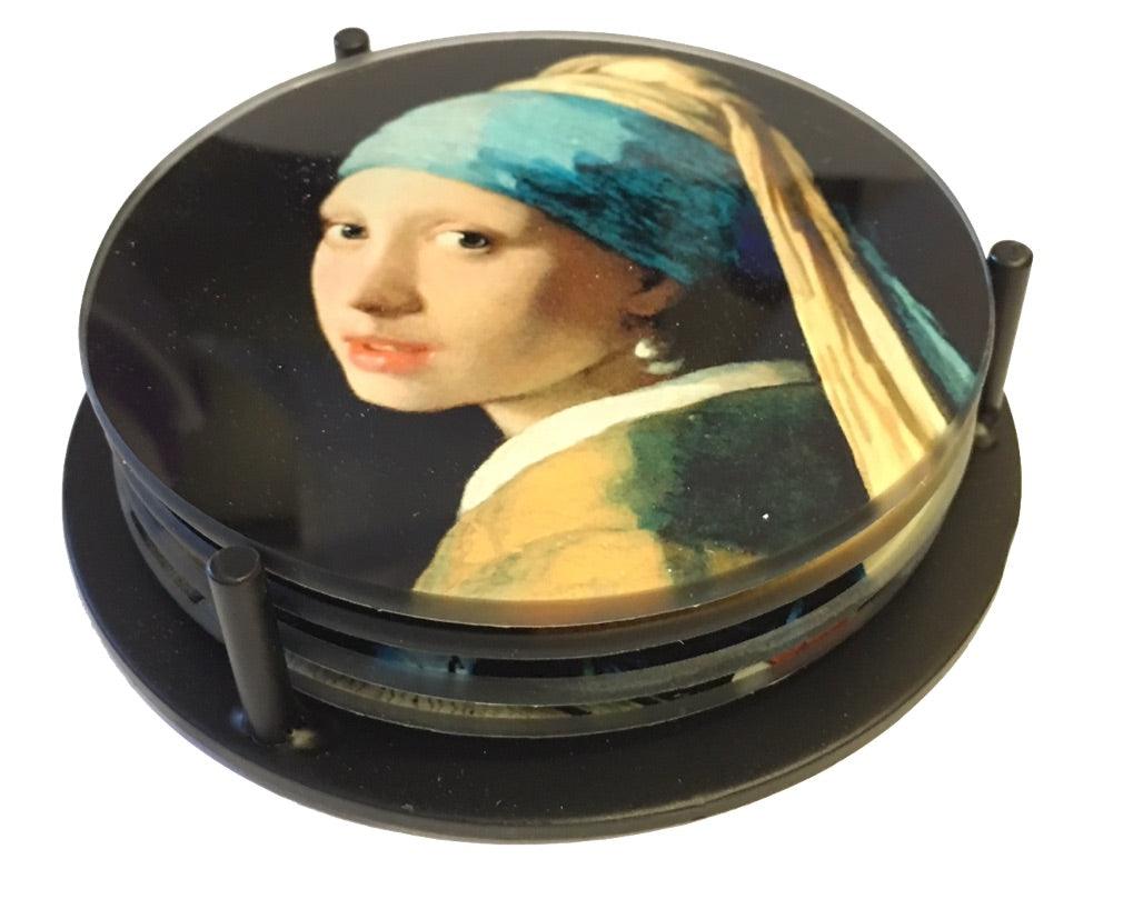 Vermeer Paintings Glass Drink Bar Coffee Table Coasters Set of 4 with Storage Stand - Museumize.com