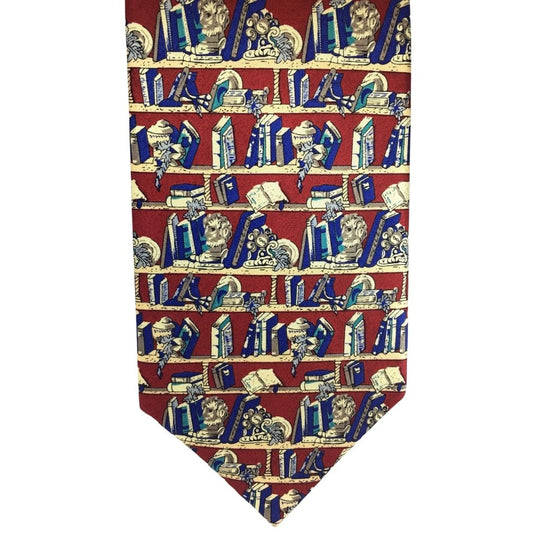 Neck Tie - Books on Shelf Pattern Gift for Librarian Teacher Red White Blue Mens