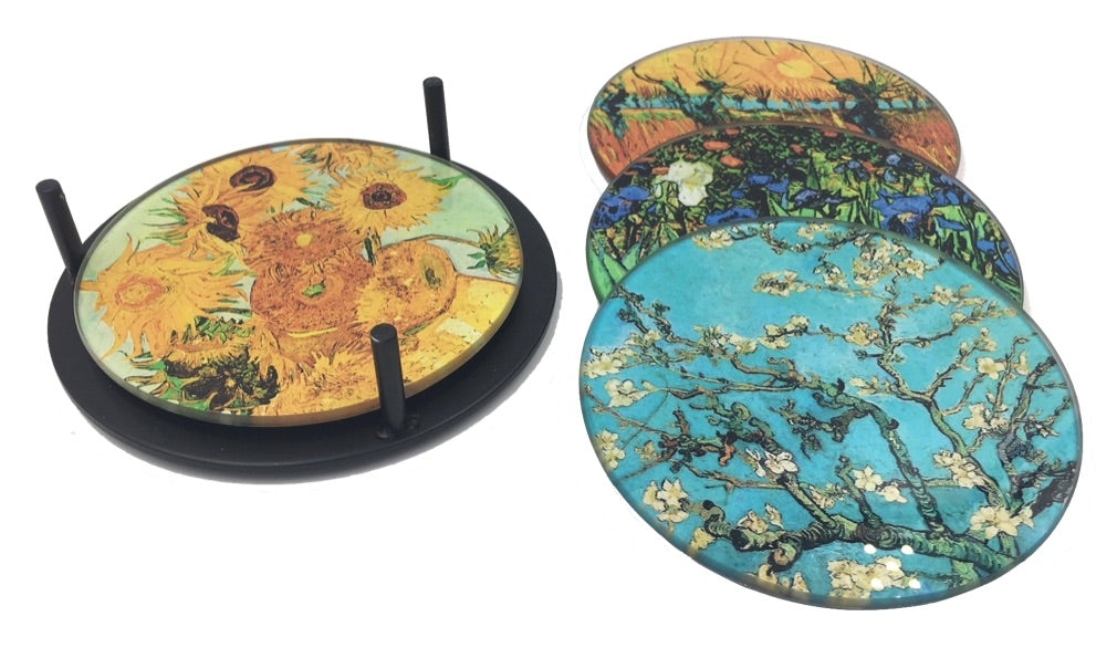 Van Gogh Paintings Bar Drink Coffee Table Glass Coasters Set of 4 with Storage Stand