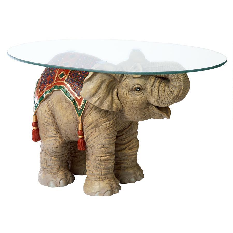 Elephant Trunk Up Accent Table Indian Festival Holi with Glass 18H - Museumize.com