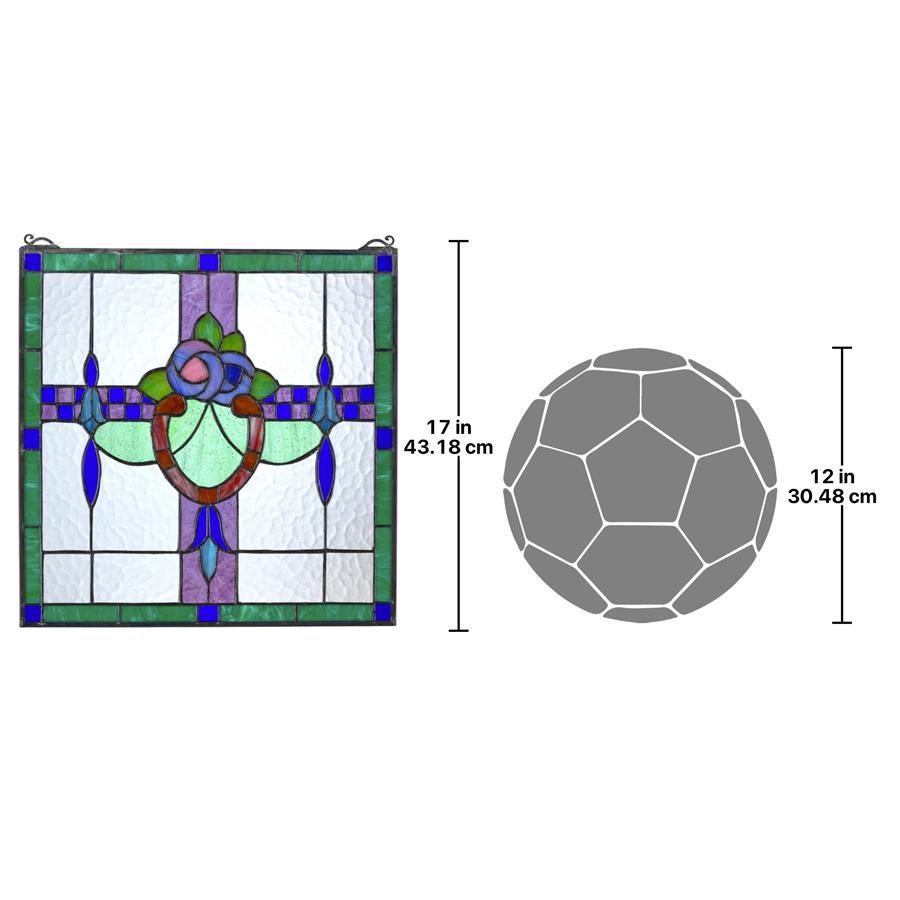 Nightshade Flowers Arts and Crafts Green Blue Square Stained Glass Window 17H x 17W - Museumize.com