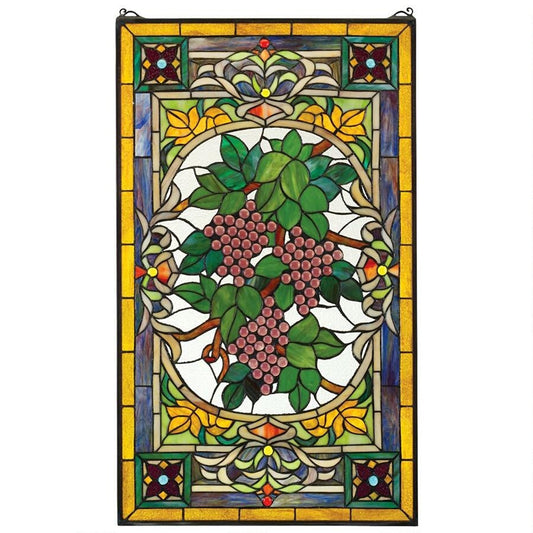 Wine Grapes Tuscan Fruit of Vine Burgundy Yellow Stained Glass Window 34H x 19.5W