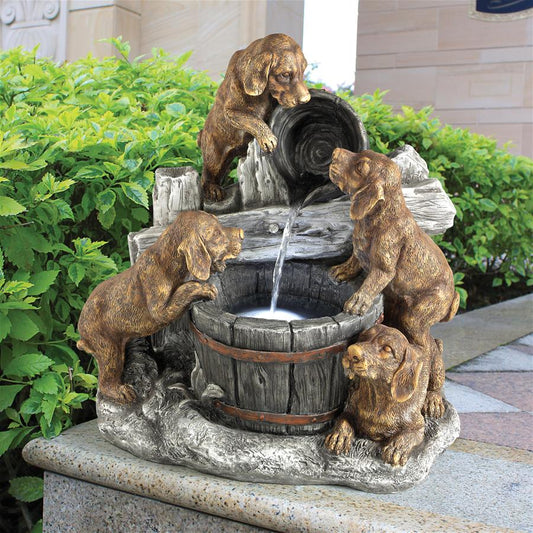 Puppies Watching Water in Puppy Pail Pour Garden Fountain 21.5H