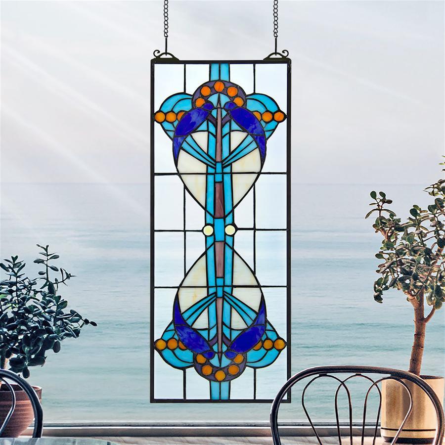 Bauhaus Modern Blue Stained Glass Window 22H x 9W - Museumize.com