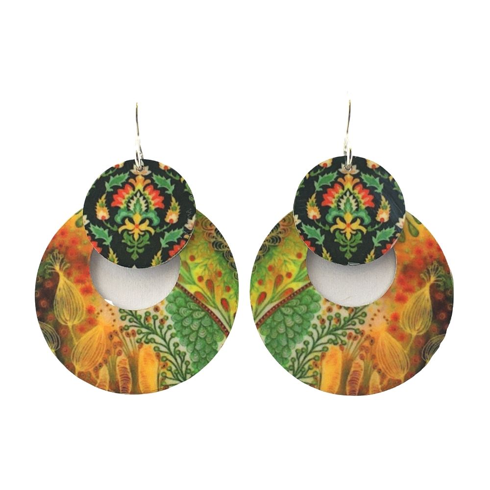 Fall Color Patterns on Two Circle Drops Handmade Artisan Earrings 1.75L