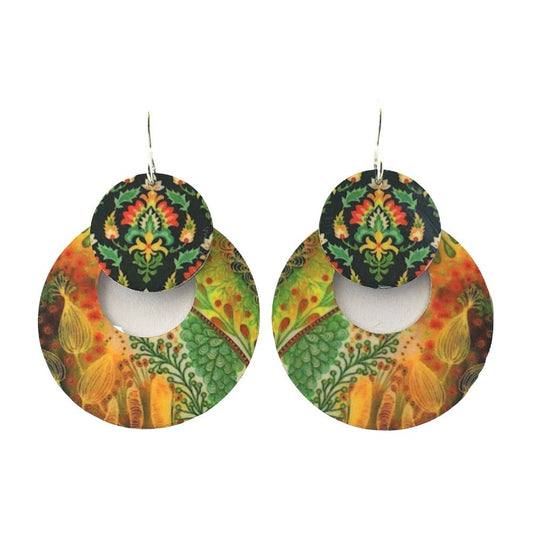 Fall Color Patterns on Two Circle Drops Handmade Artisan Earrings 1.75L