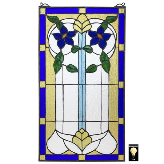 Blue Italian Primrose Flower Art Nouveau Rectangle Stained Glass Window 24H x 13.5W