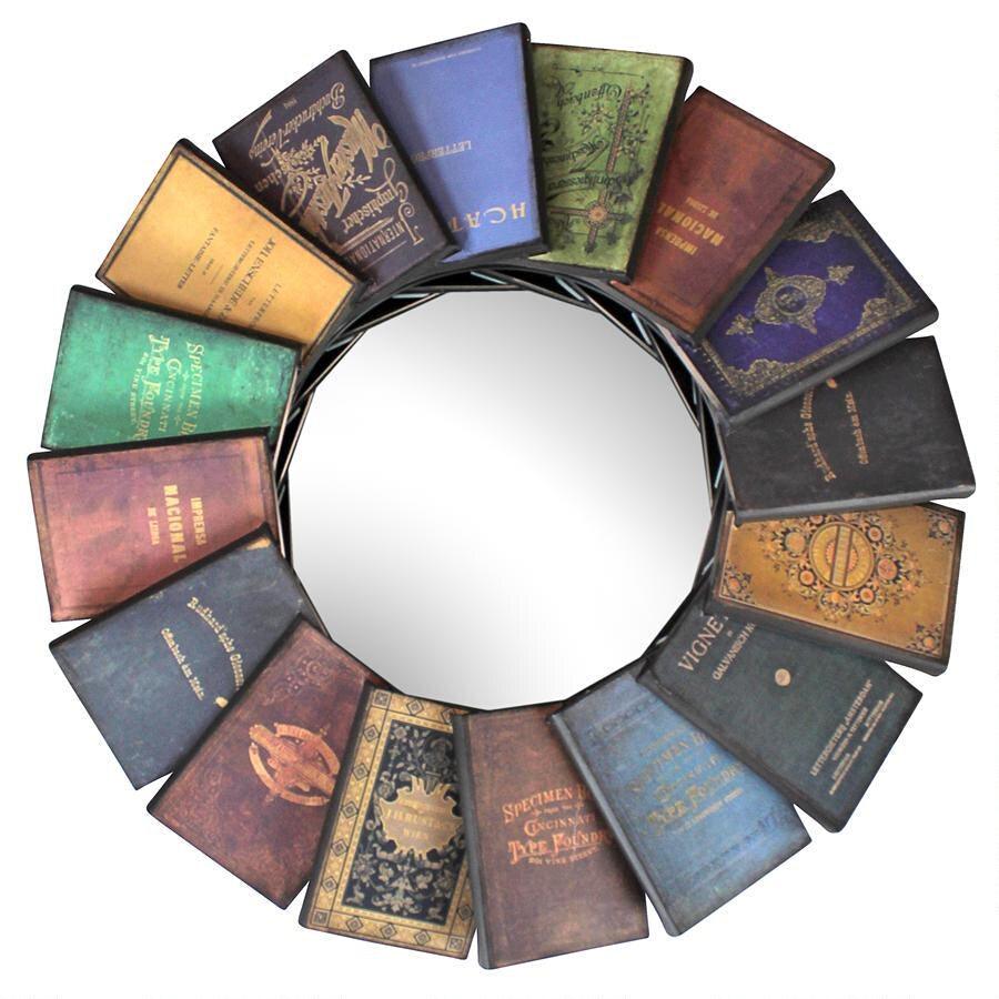 Lord Byrons Compendium of Books Fanned Into Circle Metal Wall Mirror 31.5H - Museumize.com