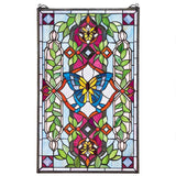 Butterfly and Flowers in Wreath Green Magenta Blue Stained Glass Window 25.5H