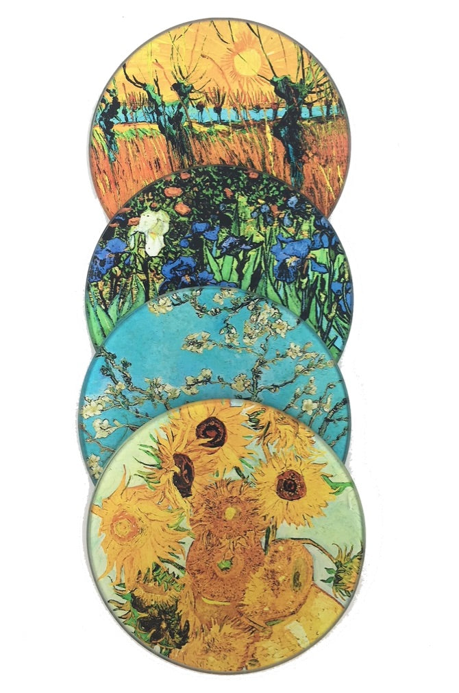 Van Gogh Paintings Bar Drink Coffee Table Glass Coasters Set of 4 with Storage Stand