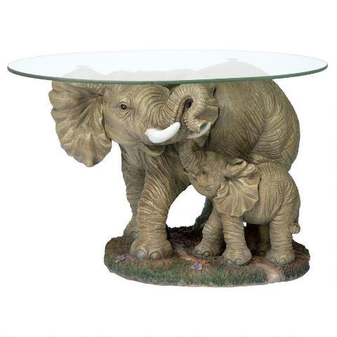 Elephant Mother and Baby Calf African Majesty Cocktail Table with Glass 18H - Museumize.com