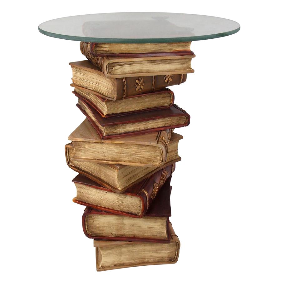 Power Of Books Side Table Books Stacked with Glass Top Library Librarian Gift 21H - Museumize.com