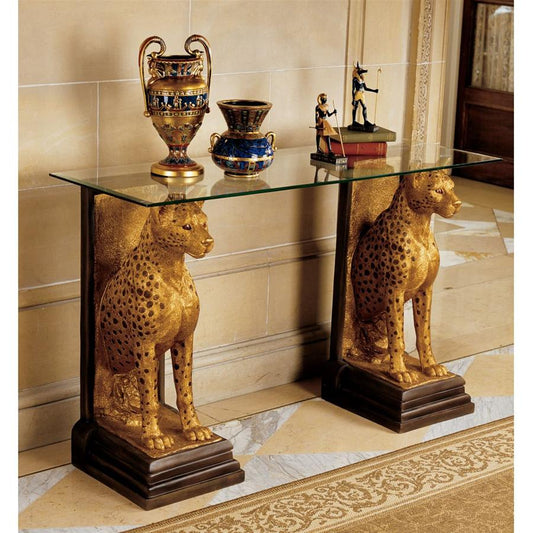 Royal Egyptian Cheetah Console Table Base Pair with Glass 34.5H Freight