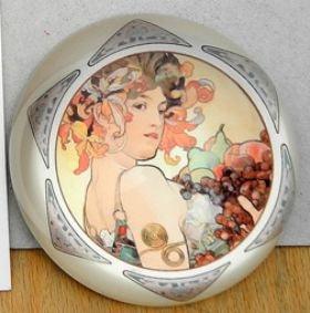 Mucha Lady Holding Fruit 1897 Belle Epoque Glass Dome Paperweight 3W - Museumize.com