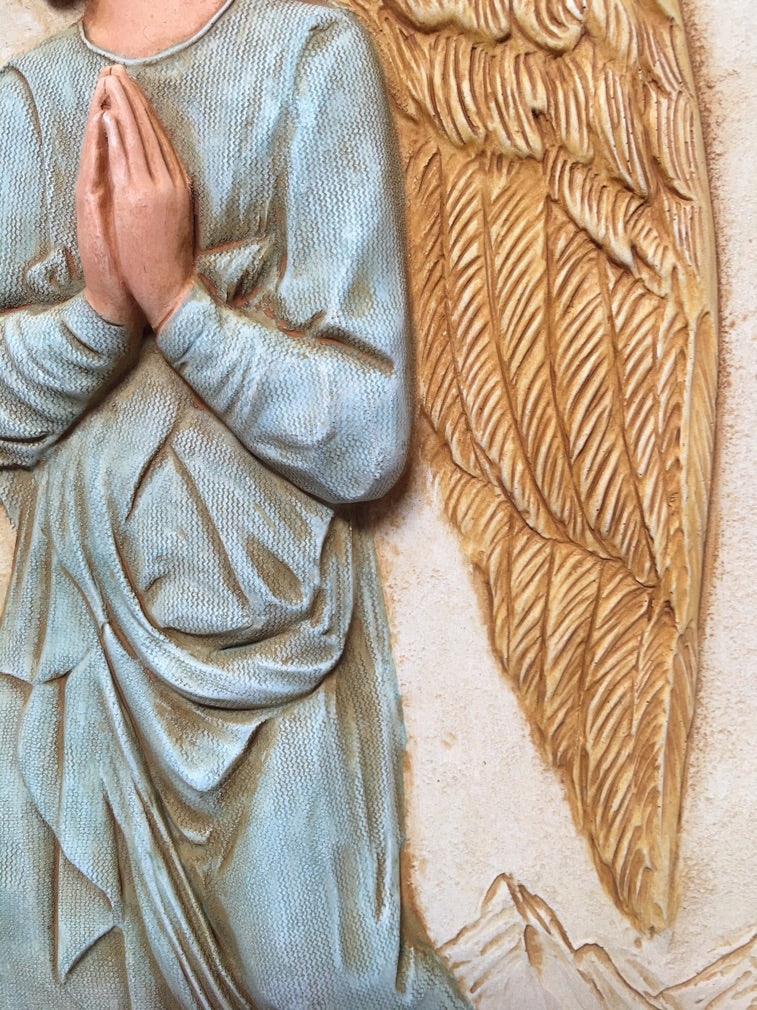 Gabriel Angel Wall Relief with Blue Details, 13-Inch Decorative Wall Art - Museumize.com