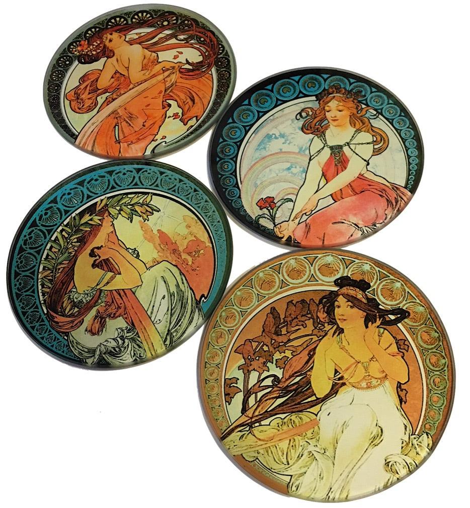 Mucha Paintings Glass Drink Bar Coasters Set of 4 with Storage Stand - Museumize.com