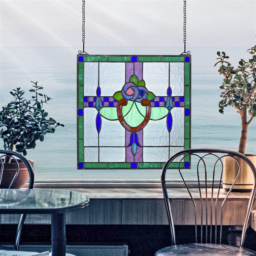 Nightshade Flowers Arts and Crafts Green Blue Square Stained Glass Window 17H x 17W - Museumize.com