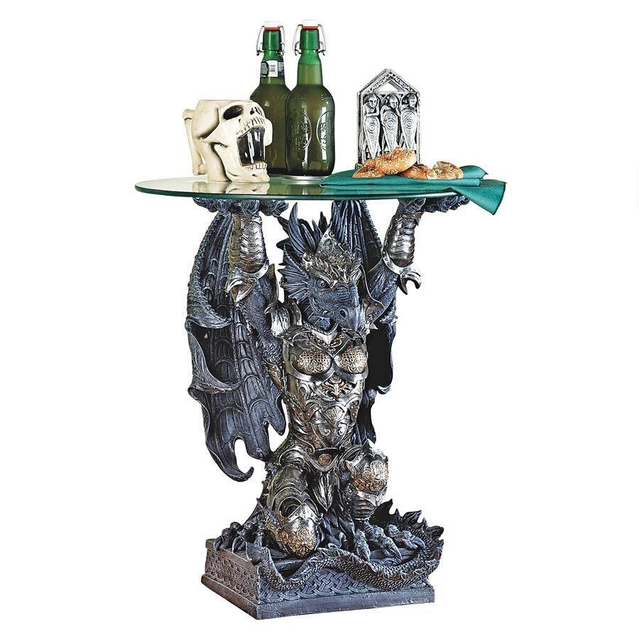 Hastings Warrior Dragon with Armor Medieval Glass Topped Sculptural Side Table 24H - Museumize.com