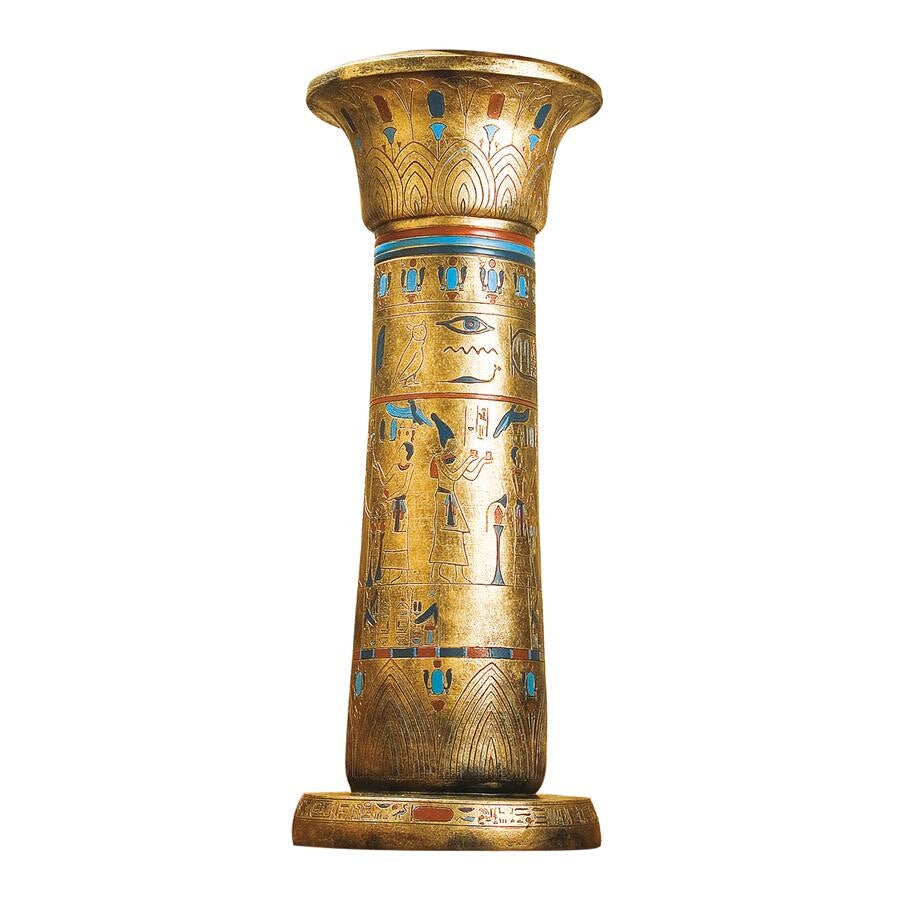 Egyptian Sculpture Display Pedestal Hieroglyphs Lotus Capital Golden 32H