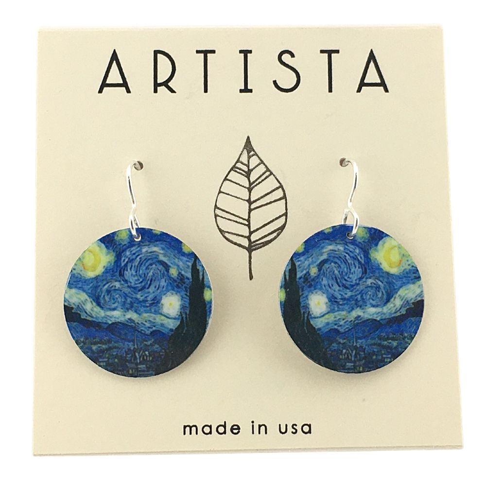 Van Gogh Starry Night Blue Round Handmade Aluminum Artisan Earrings 1.4L - Museumize.com