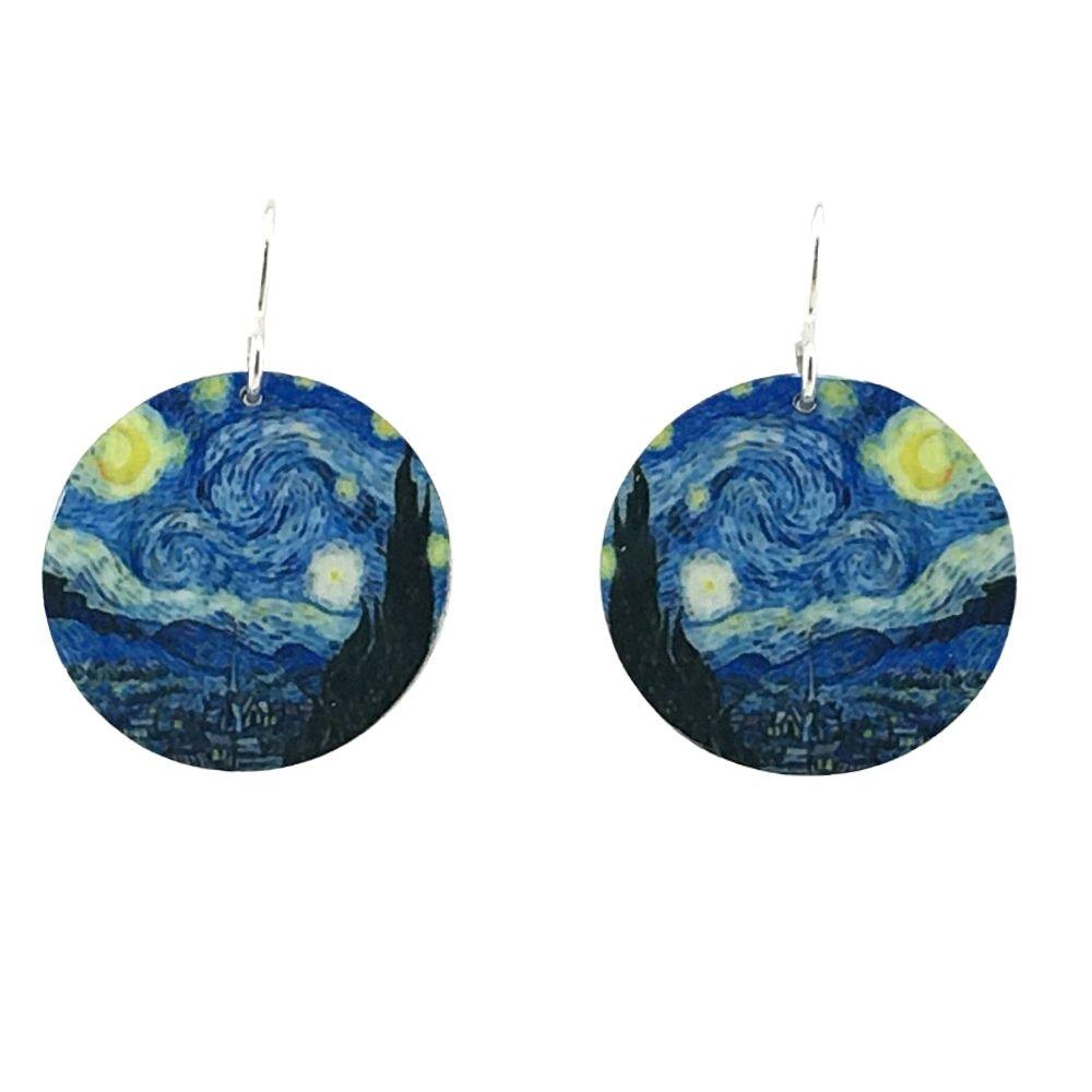 Van Gogh Starry Night Blue Round Handmade Aluminum Artisan Earrings 1.4L - Museumize.com