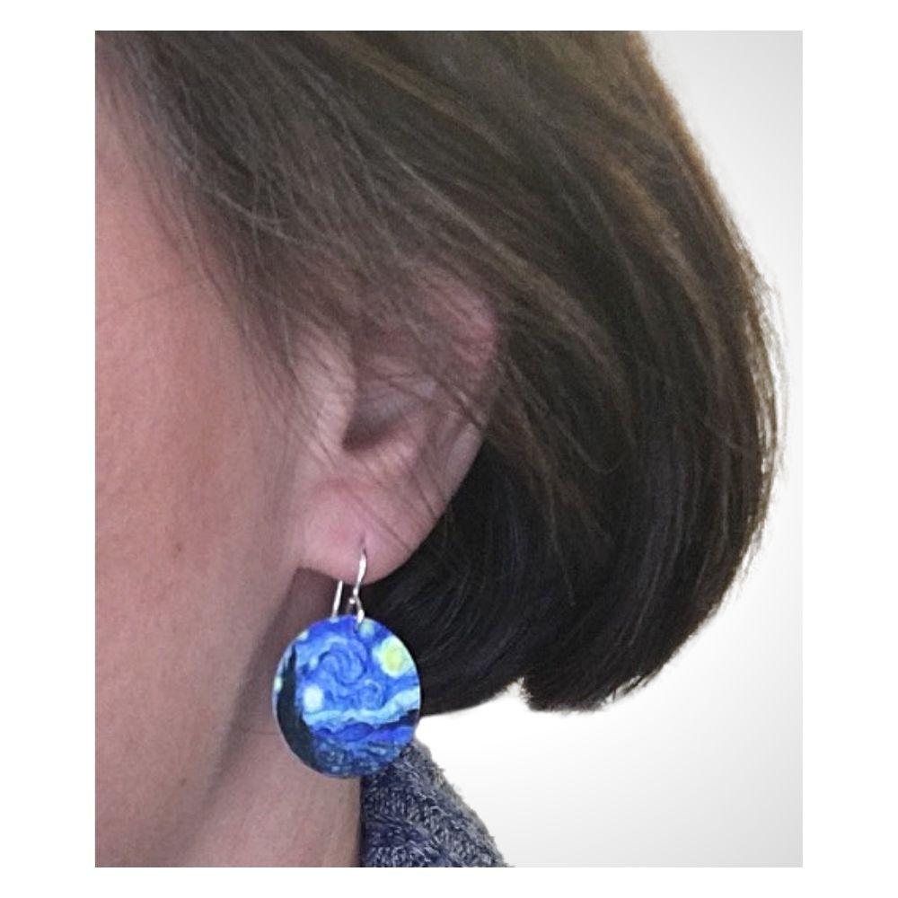 Van Gogh Starry Night Blue Round Handmade Aluminum Artisan Earrings 1.4L - Museumize.com