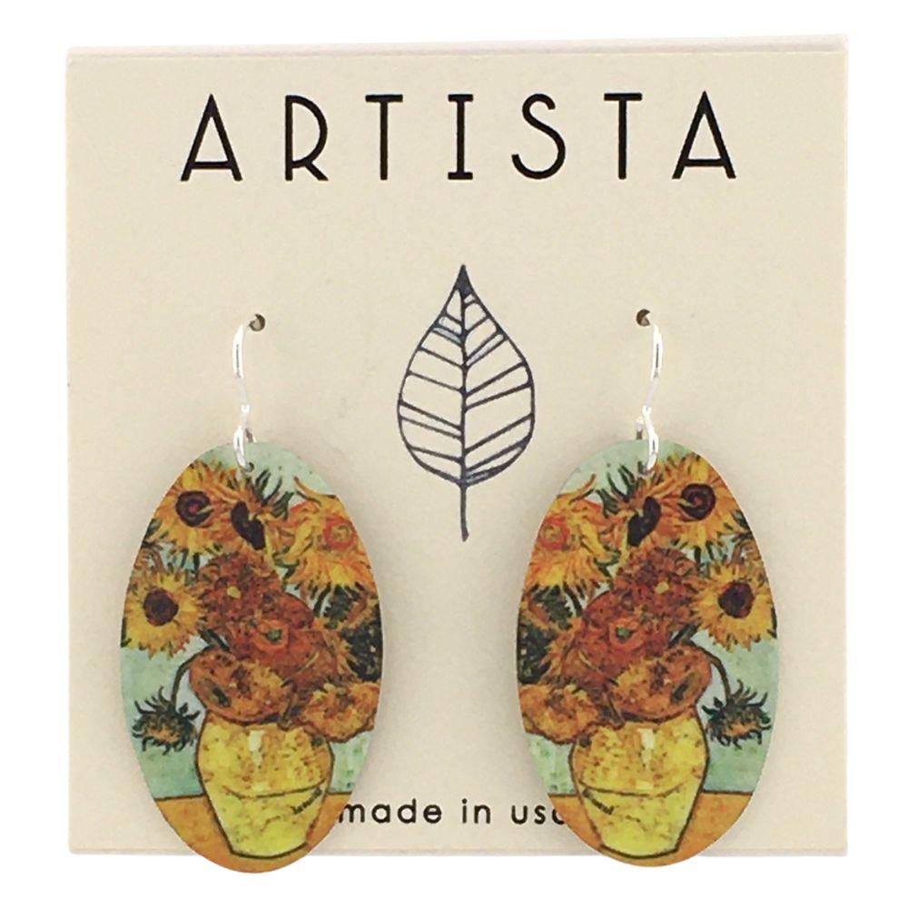 Van Gogh Sunflowers Orange Oval Handmade Aluminum Artisan Earrings 1.75L - Museumize.com