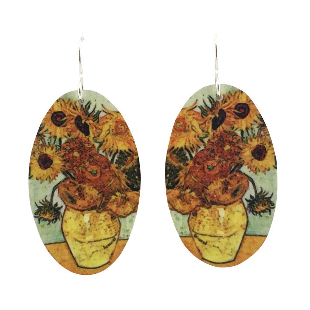 Van Gogh Sunflowers Orange Oval Handmade Aluminum Artisan Earrings 1.75L - Museumize.com