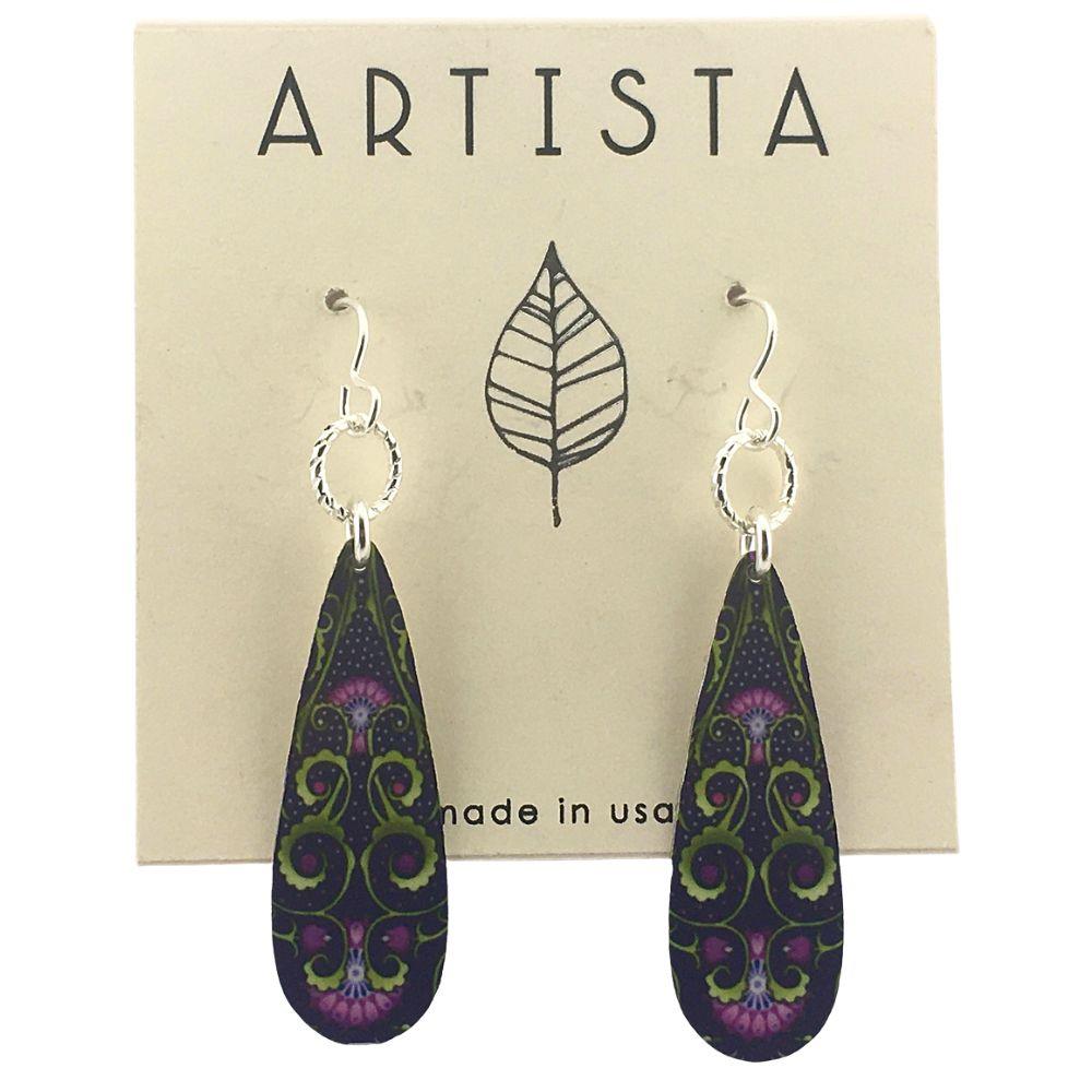 Purple Organic Tendrils Teardrop Dangle Handmade Aluminum Artisan Earrings 2.3L - Museumize.com