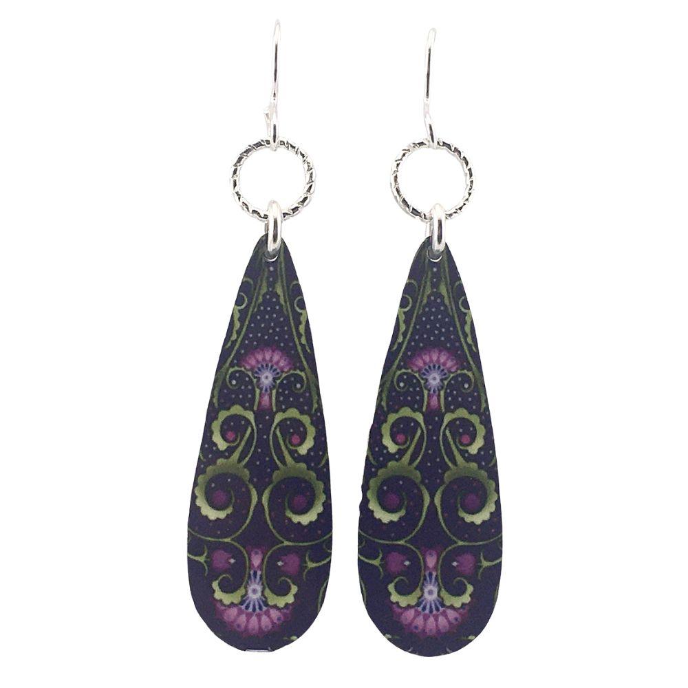 Purple Organic Tendrils Teardrop Dangle Handmade Aluminum Artisan Earrings 2.3L - Museumize.com