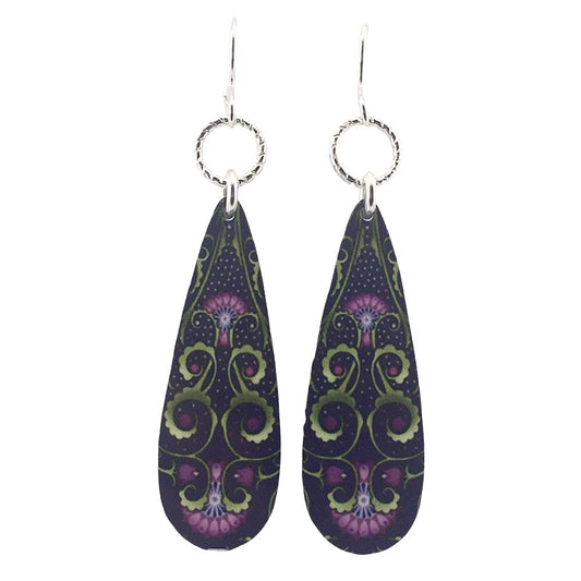 Purple Organic Tendrils Teardrop Dangle Handmade Aluminum Artisan Earrings 2.3L