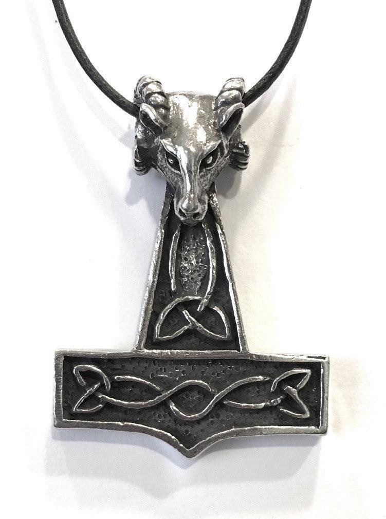 Thor's Hammer with Ram Head Pendent Necklace for Mens Costume 1.75L - Museumize.com