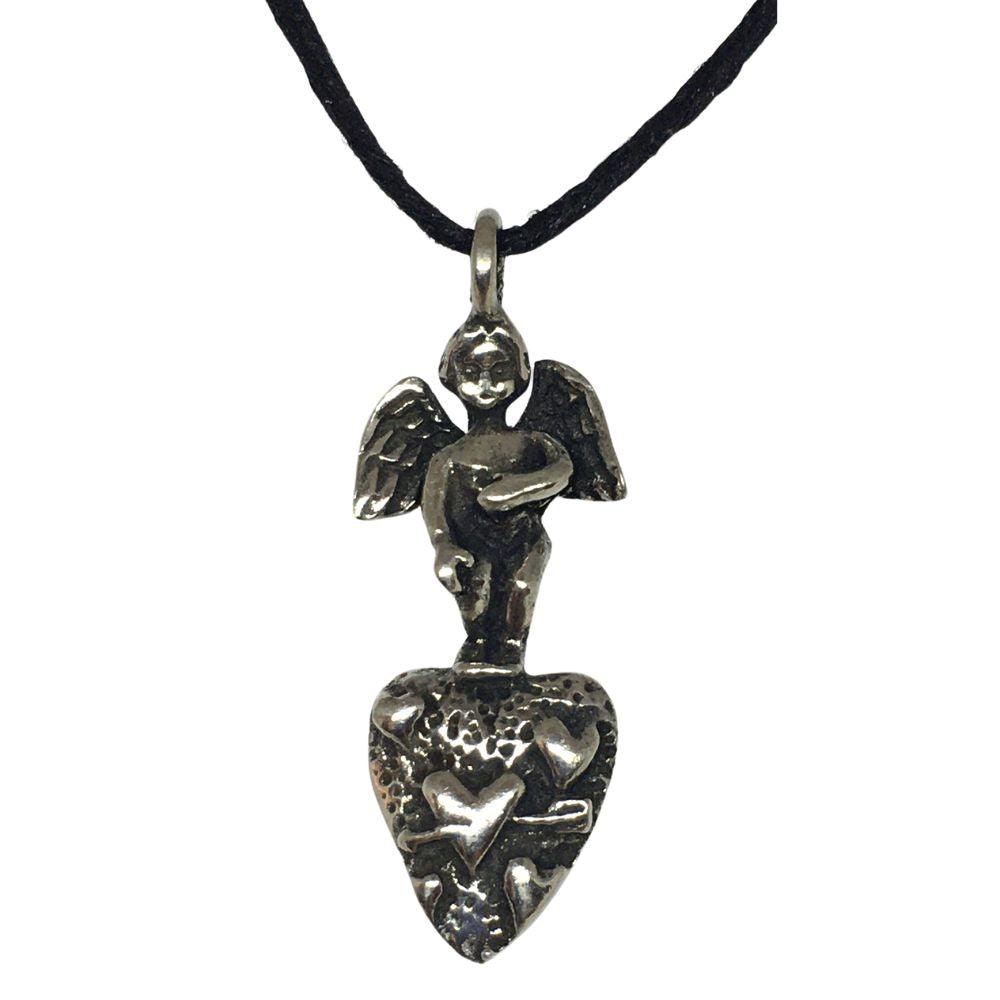 Angel of Love Cupid on Heart Pendant Pewter Unisex Charm Necklace 1.25H - Museumize.com