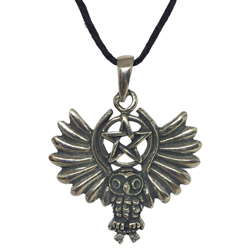 Pentacle of Owl Wiccan Sorcery Unisex Pewter Pendant Necklace 1.5L - Museumize.com